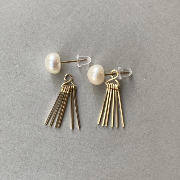 Pearl&fringe pierce 淡水パール 14kgf 2way ピアス 3枚目の画像