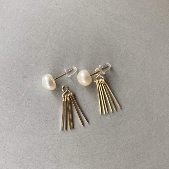 Pearl &amp; fringe pierce 淡水珍珠 14kgf 2way 穿孔耳環 第1張的照片