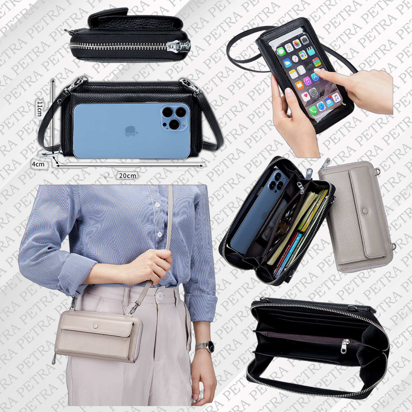 ペトラ【PETRA】本革携帯入れポシェット　携帯入れ兼財布　本革長財布　スマホポシェット　スマホを入れたまま操作 RD