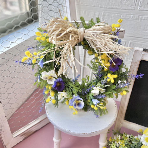 ミモザとビオラのリースアーティフィシャルフラワー 母の日 新築