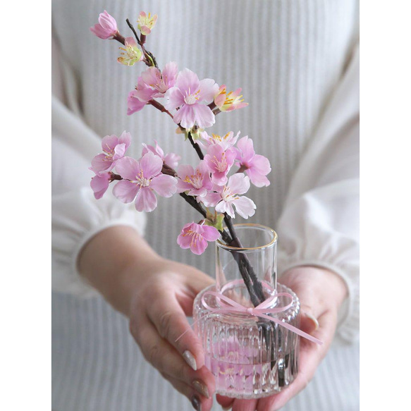 大山桜のグラスウォーターアレンジ（ピンク）☆水換え・お手入れ不要☆マジカルウォーター 2枚目の画像