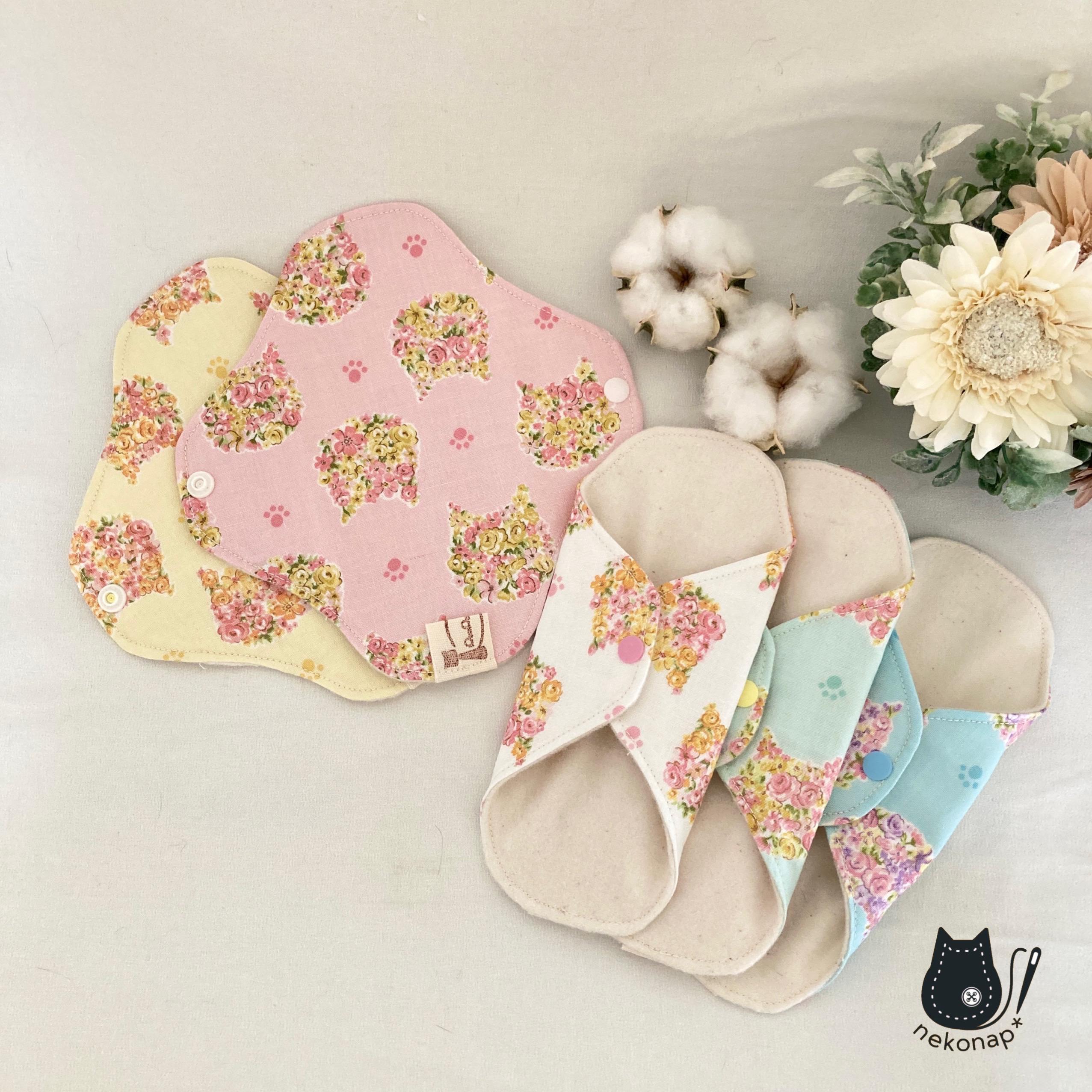布ナプキン3L防水布入り☆肌面オーガニックコットン☆猫 猫Flower＊布ナプキン＊おりもの用ライナー＊タイプ変更可能