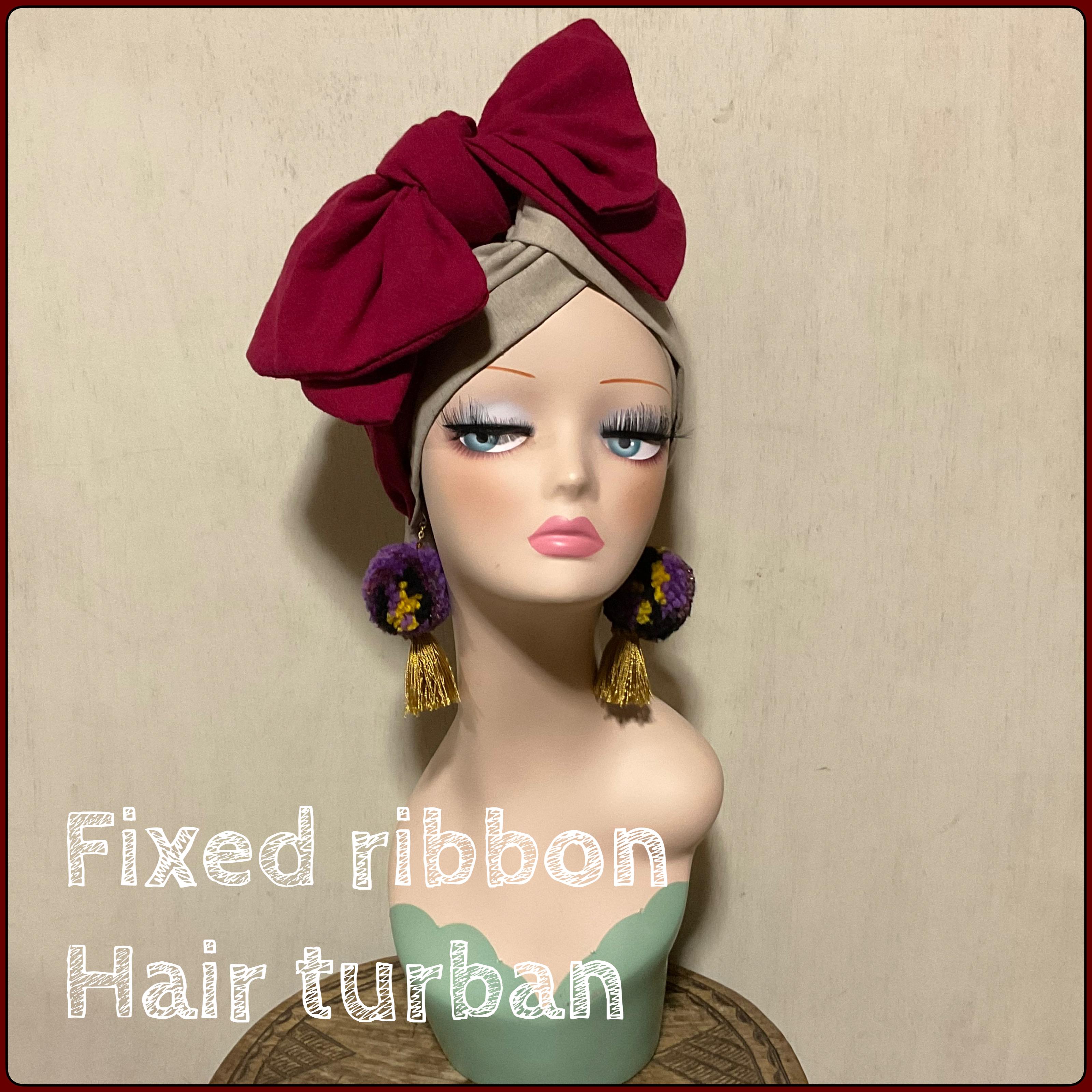 新作　固定リボンのヘアターバン　ヘアバンド　ターバン　ナチュラル×ワインレッド