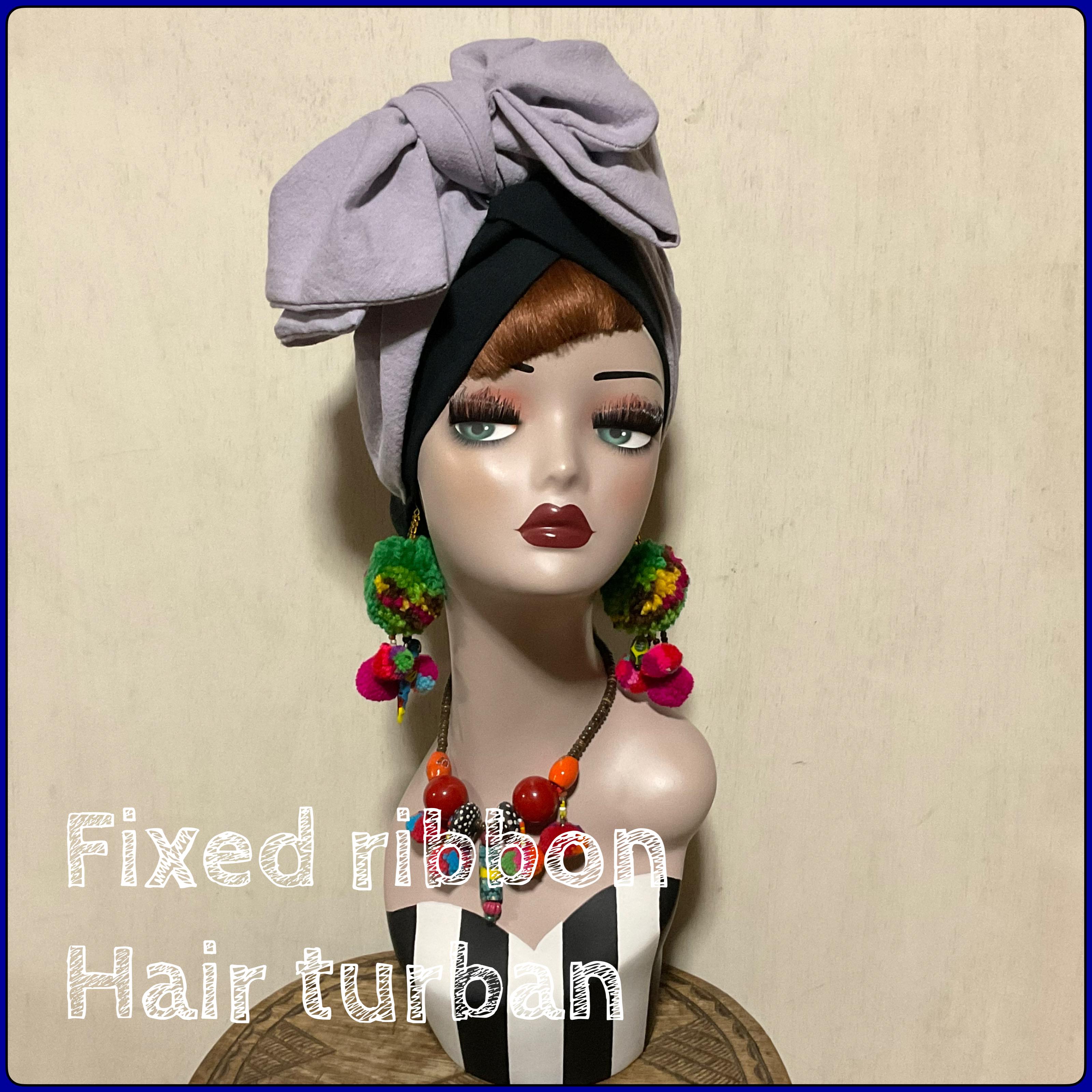 新作　固定リボンのヘアターバン　ヘアバンド　ターバン　ブラック×うすむらさき