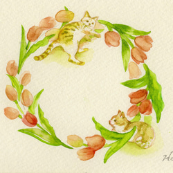 3枚選べる＊春の水彩ポストカードセット＊花＊ねこ＊チューリップ  