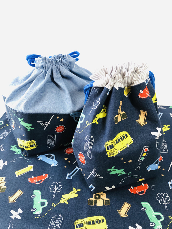 入園入学準備　コップ袋&お弁当袋&ランチョンマット乗り物柄 1枚目の画像