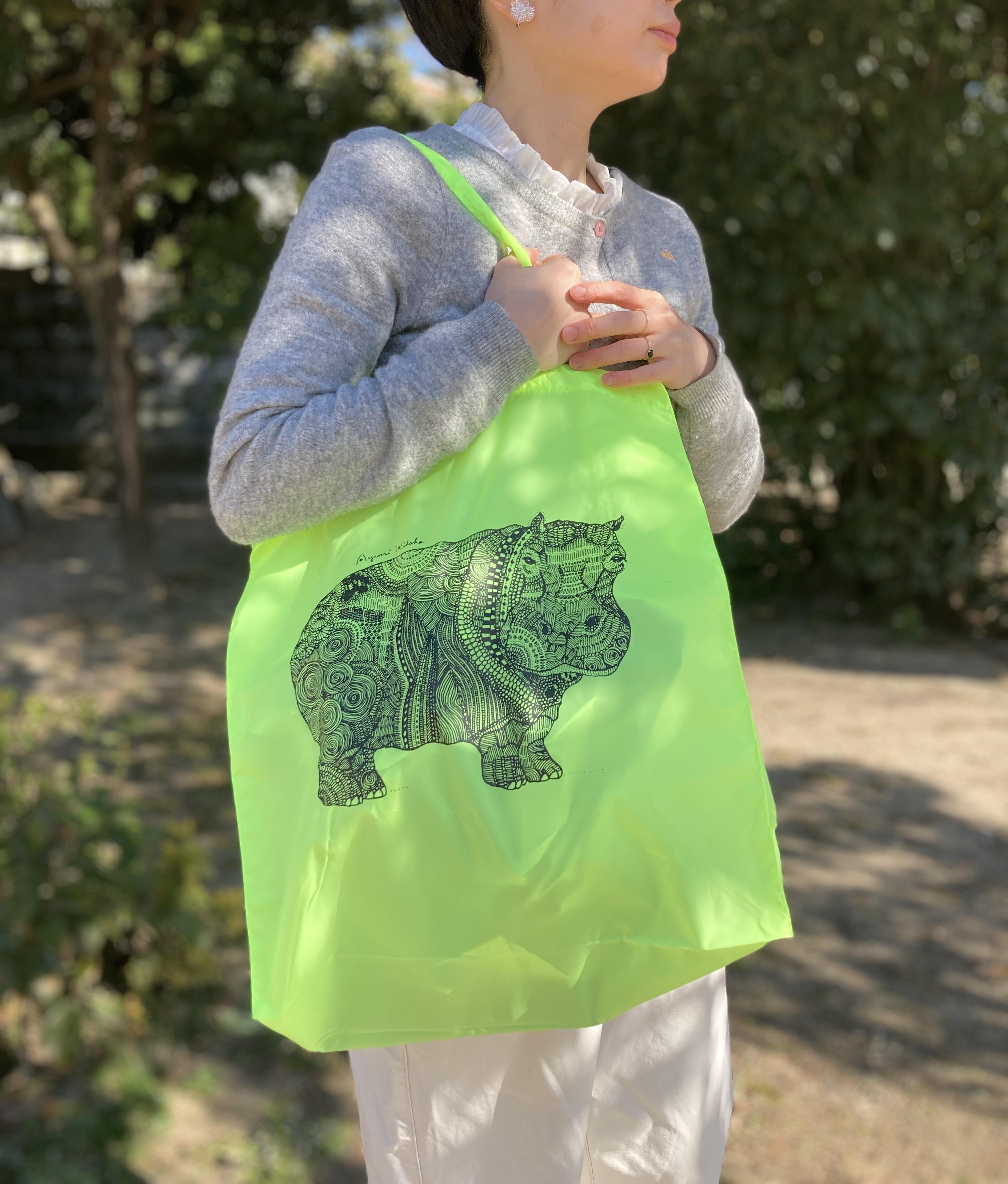 シャカシャカエコバッグ (カバ ✖︎ 蛍光イエロー) エコバッグ・サブ