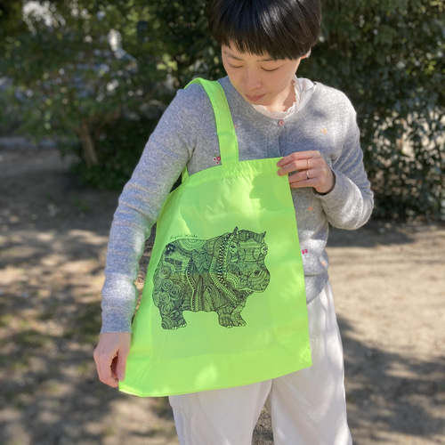 シャカシャカエコバッグ (カバ ✖︎ 蛍光イエロー) エコバッグ・サブ