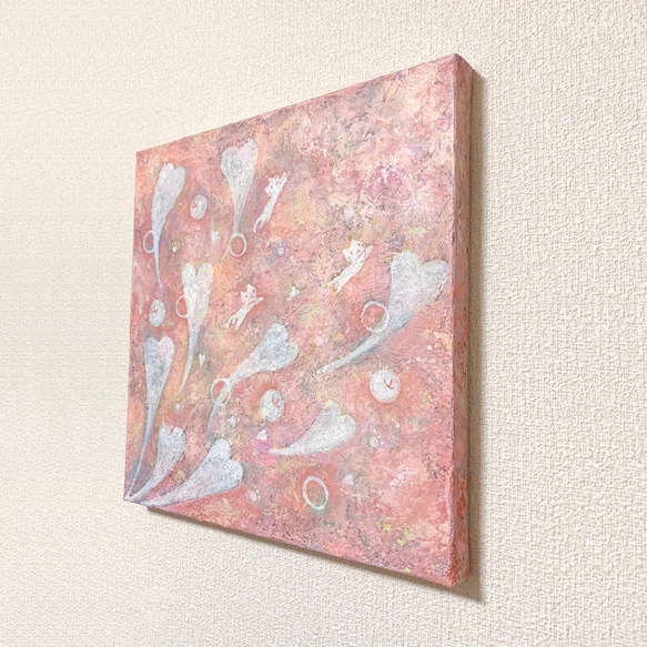 原画 油絵 ブルーミングハート リンゴとねこのアート 抽象画  S3号 ピンク モダンアート 3枚目の画像