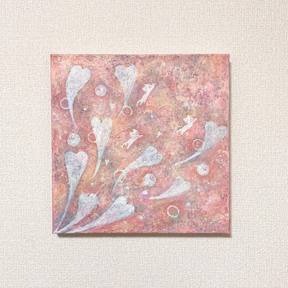 原画 油絵 ブルーミングハート リンゴとねこのアート 抽象画  S3号 ピンク モダンアート 1枚目の画像