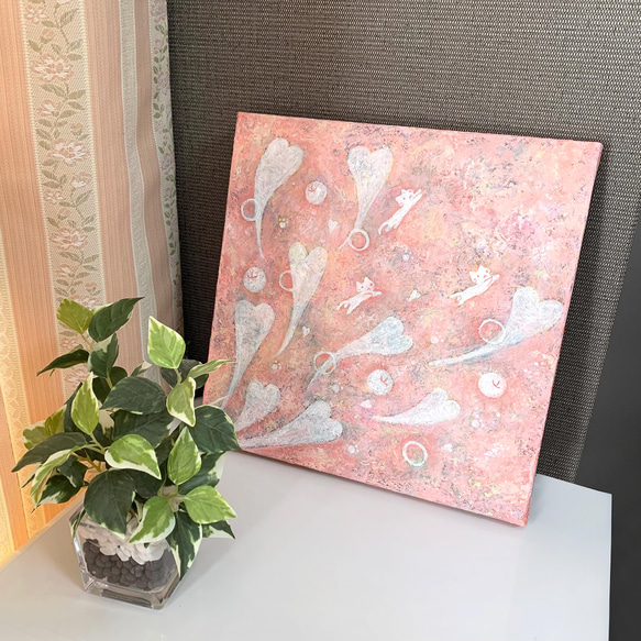 原画 油絵 ブルーミングハート リンゴとねこのアート 抽象画  S3号 ピンク モダンアート 6枚目の画像