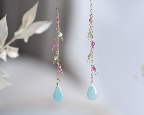 Vatnsblóm earring：アマゾナイト×ペリドット×ルビー ロング