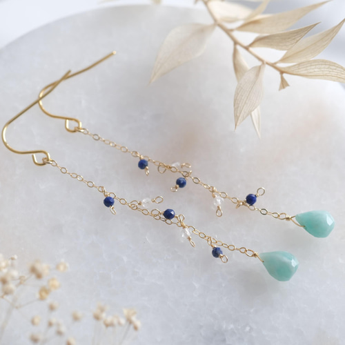Glimmer af vatni earring：アマゾナイト×クォーツ×ラピスラズリ 