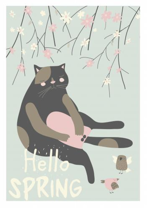 【送料無料】A3・A4ポスター【春のネコ（薄グリーン）】猫/ネコ/にゃんこ/インテリア/かわいい/光沢写真紙 2枚目の画像