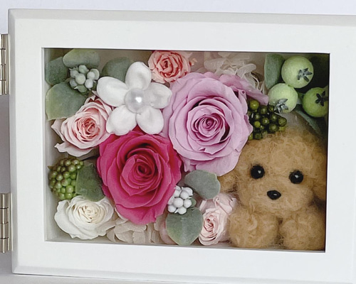 トイプードル（アプリコット）とプリザーブドフラワーのフォトフレーム