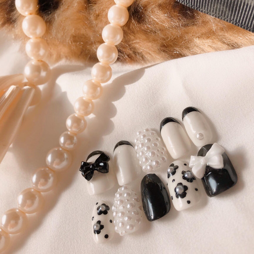 リボンフラワーフレンチガーリー ネイル ネイルチップ（つけ爪