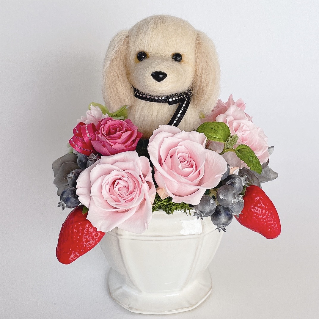 ダックスロング（クリーム）といちごのプリザーブドフラワーアレンジメント　犬　母の日