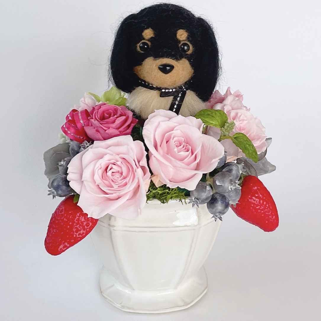 ダックスロング（黒）といちごのプリザーブドフラワーアレンジメント　犬　母の日