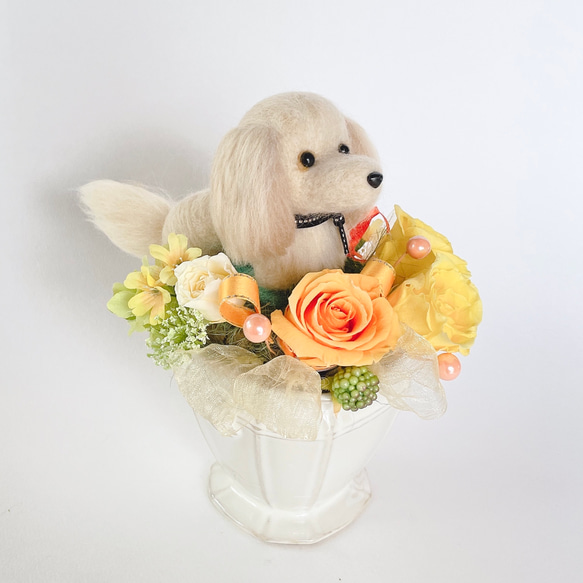 ダックスロング（クリーム）のプリザーブドフラワーアレンジメント(イエロー)　犬　母の日　花　お祝い　プレゼント　かわいい 3枚目の画像