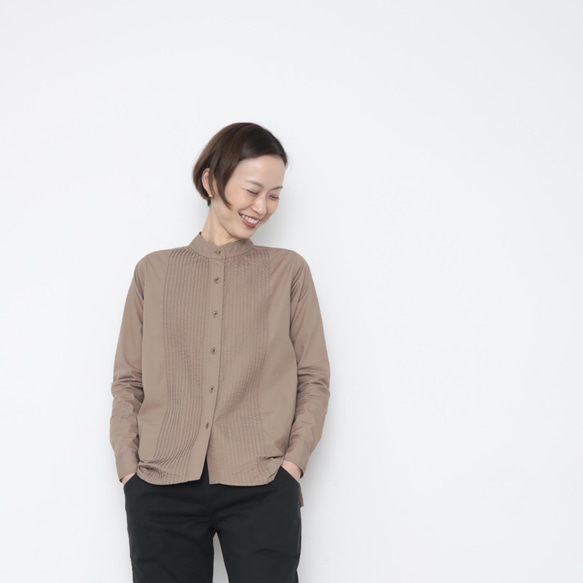 outlet  Pintuck band collar shirt / cocoa brown 1枚目の画像