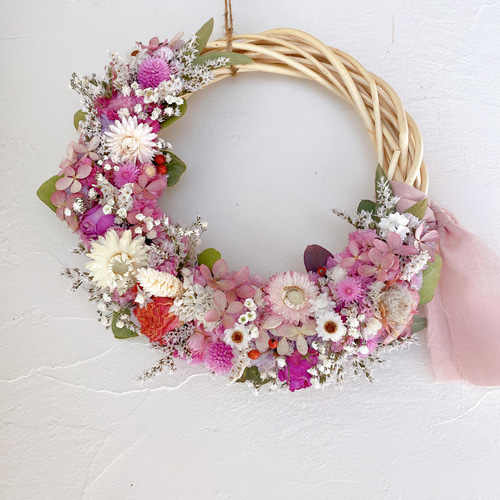 春色カラー 桃の節句 ひな祭り White&pink 春のお花たっぷりリース