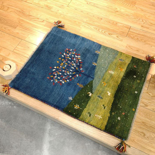 完売】ペルシャ ギャッベ 玄関マット 緑 85x60 ランドスケープ 花