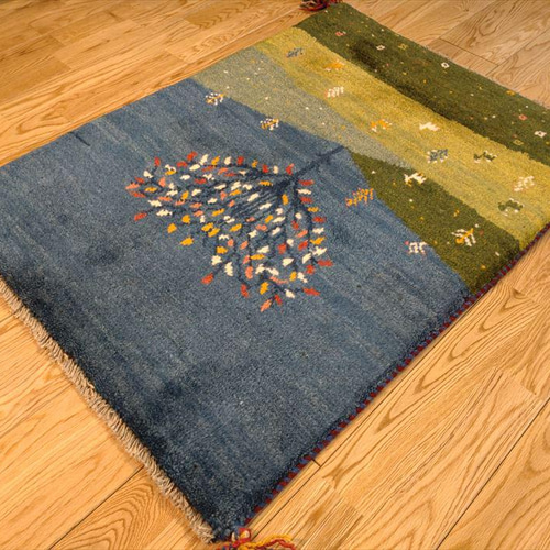 完売】ペルシャ ギャッベ 玄関マット 緑 85x60 ランドスケープ 花