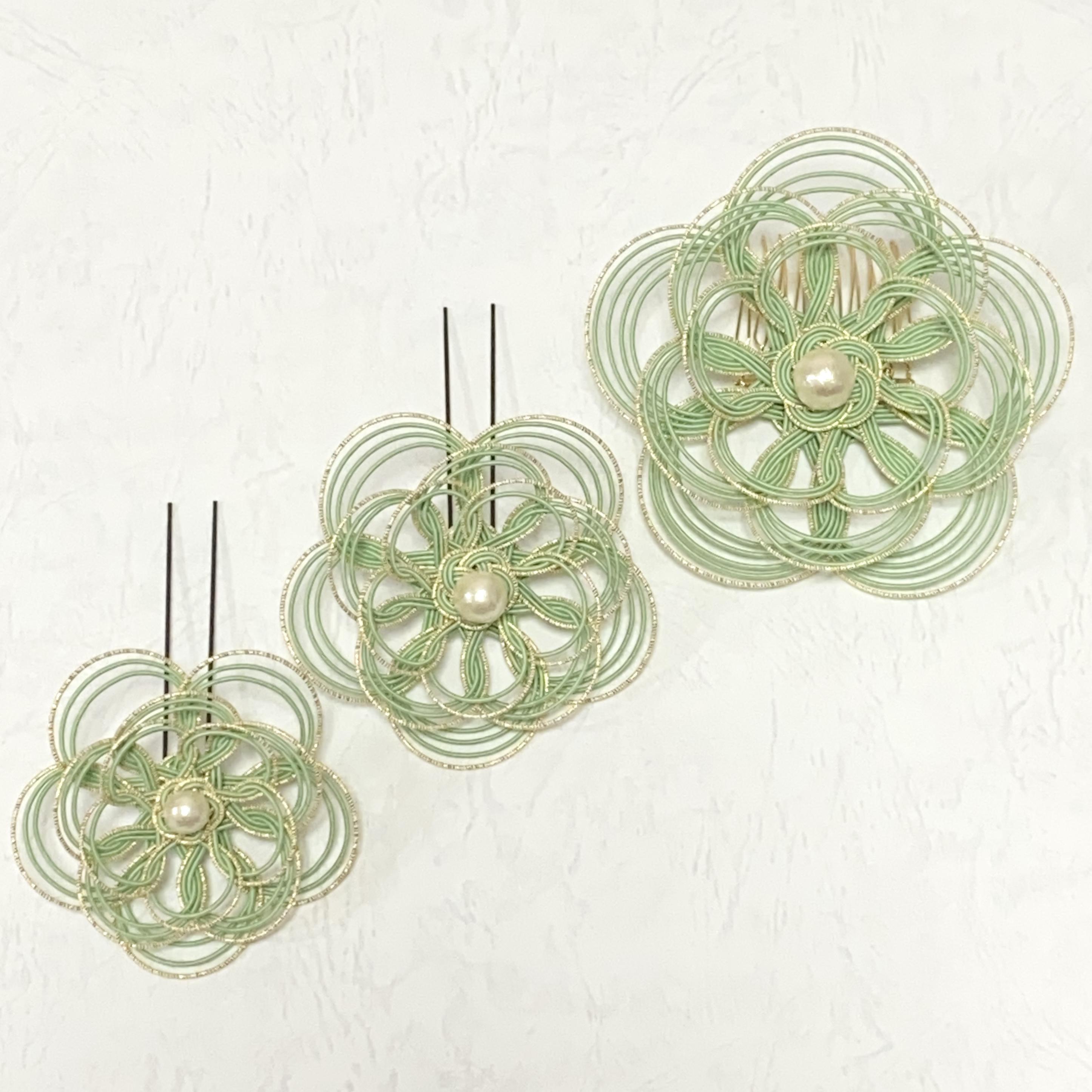 三輪セット 水引 お花の髪飾り 青磁