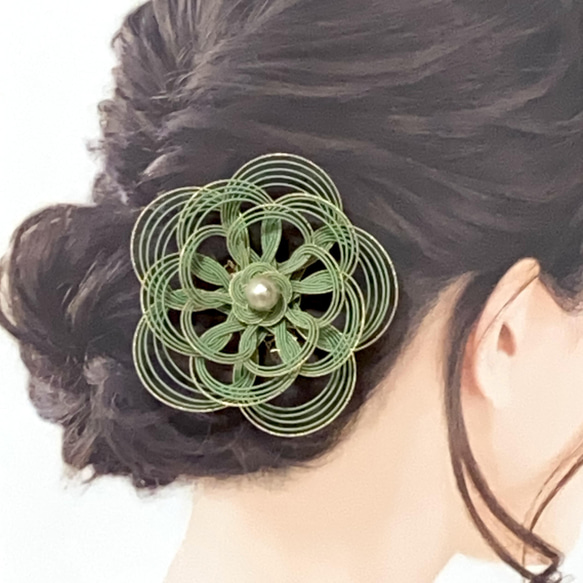 三輪セット 水引 お花の髪飾り 青磁 3枚目の画像