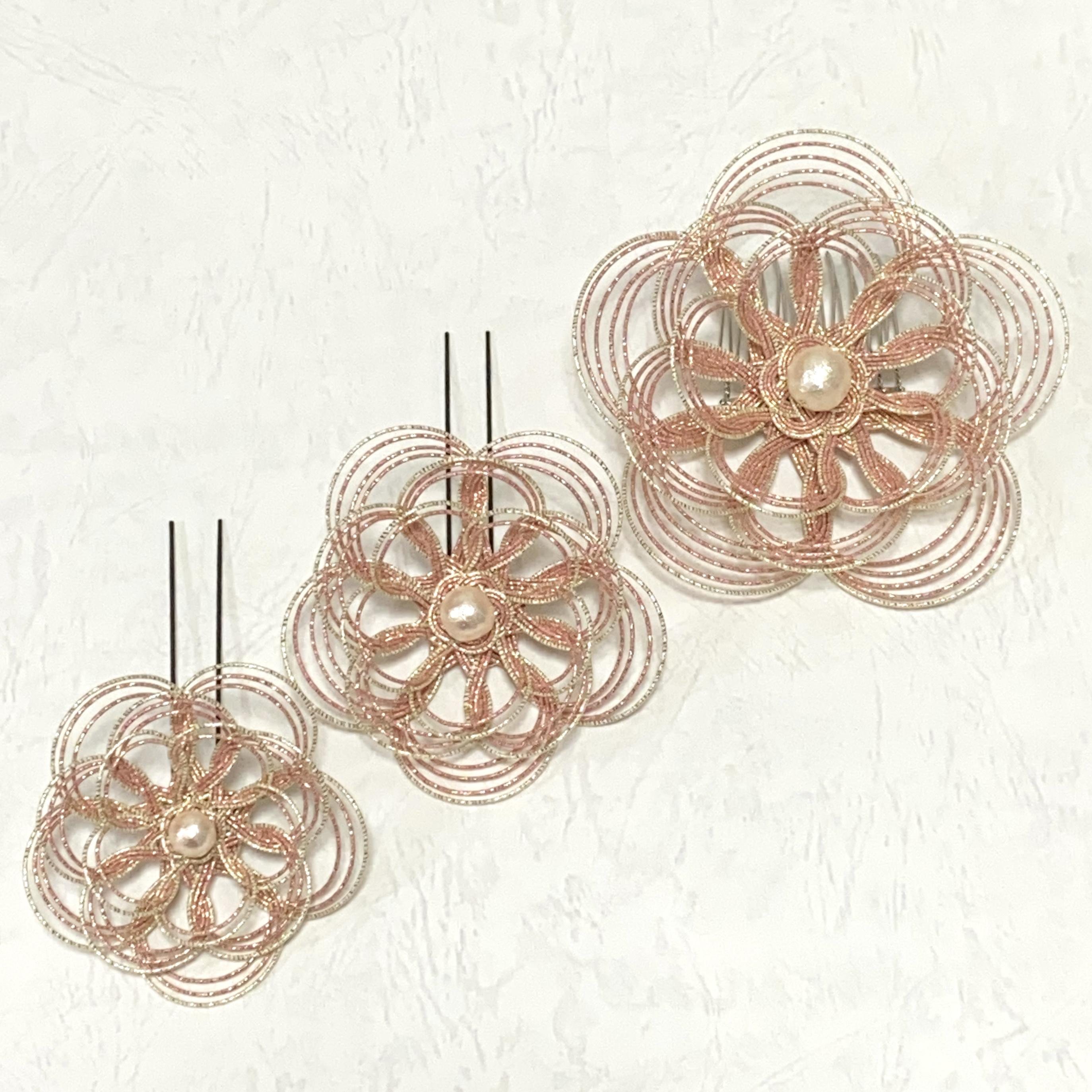 三輪セット 水引 お花の髪飾り ピンク金