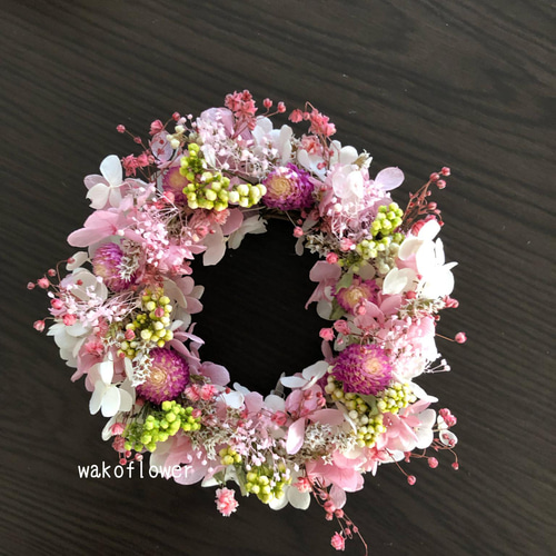 桜ピンクのナチュラルミニリース ドライフラワープリザーブドフラワー  