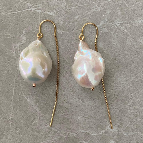 バロックパール ロング チェーンフック ピアス 垂墜耳環 Blanc