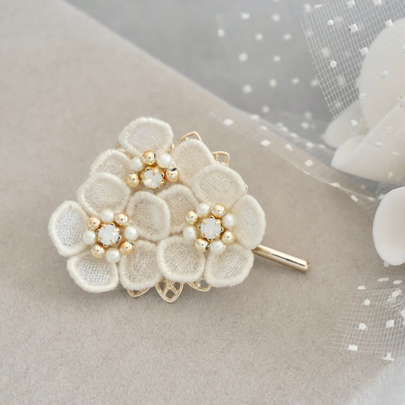 Rene ルネ スプリングコート ビジュー フラワー刺繍 カフス 38 ベージュ エクルベージュの花ポニーフック (受注生産/オーガンジー刺繍/フラワー