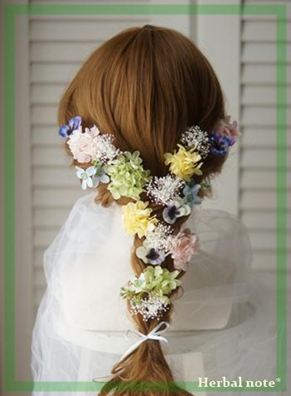 ラプンツェル すみれとアジサイの髪飾り 造花 プリザーブドフラワー 