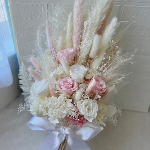 ウェディングブーケ ホワイト×ピンク プリザーブドフラワー薔薇