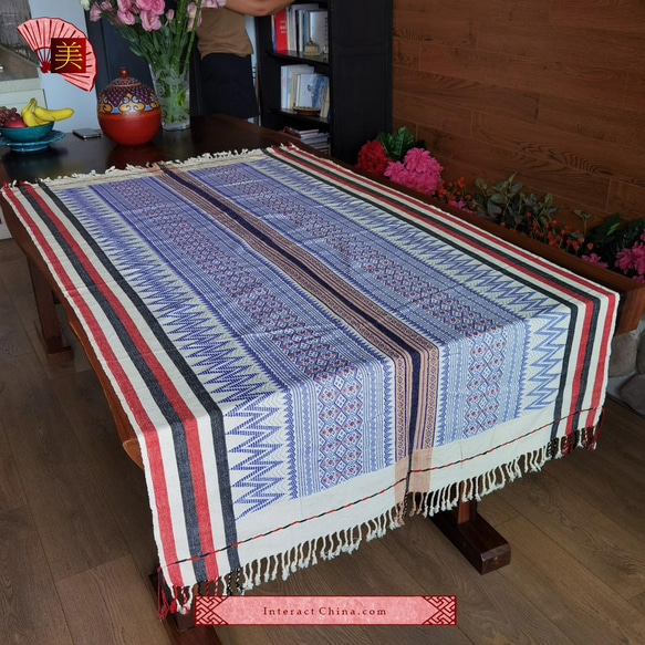 アカ族手織り天然コットン製アジアンBOHOタペストリー１８３x１００cm長方形 テーブルランナー テーブルクロス#104 2枚目の画像
