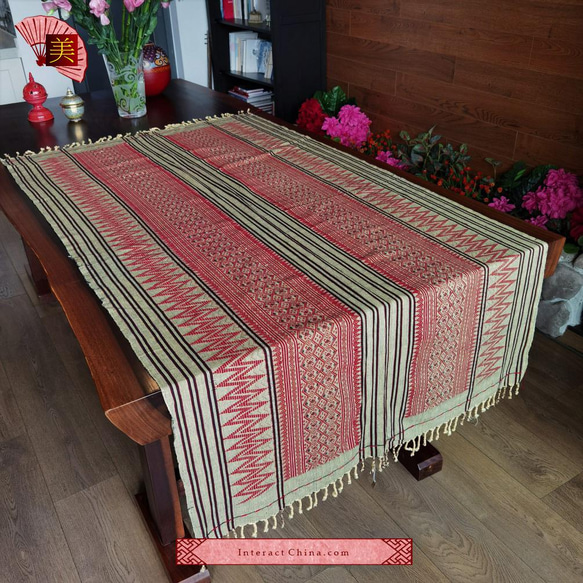 アカ族手織り天然コットン製アジアンBOHOタペストリー１９０x９４cm 長方形 テーブルランナー テーブルクロス#106 2枚目の画像