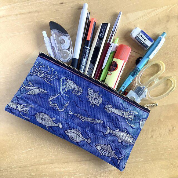 畳縁　魚殼圖案　魚　蟹　筆盒　藍色　日式 第1張的照片