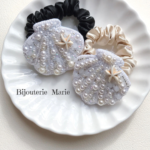 ビーズ刺繍 ✳︎shellのシュシュ(ベージュ)✳︎ /貝殻/夏/海