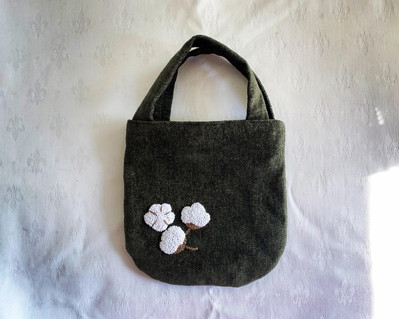 綿花の手刺繍のミニバッグ(オリーブ) 1枚目の画像