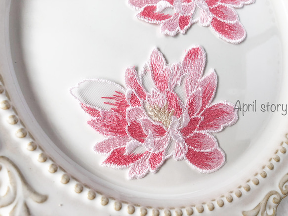 【1枚】花　フラワー　牡丹　ピンク　アップリケ　モチーフ　ケミカル レース　刺繍　手芸 3枚目の画像