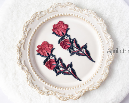 1枚】花 フラワー 赤 アップリケ モチーフ ケミカル レース 刺繍 手芸