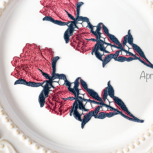 1枚】花 フラワー 赤 アップリケ モチーフ ケミカル レース 刺繍 手芸