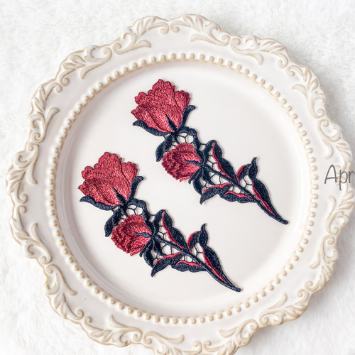 1枚】花 フラワー 赤 アップリケ モチーフ ケミカル レース 刺繍 手芸