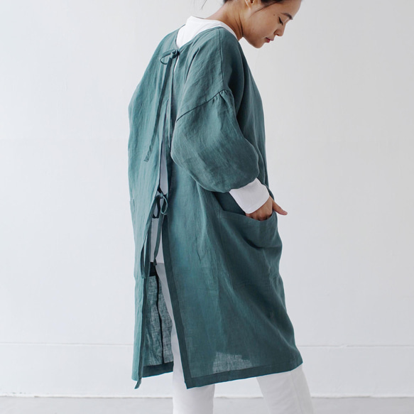 エプロンコート　apron coat / リネン　linen　フォレストグリーン 2枚目の画像
