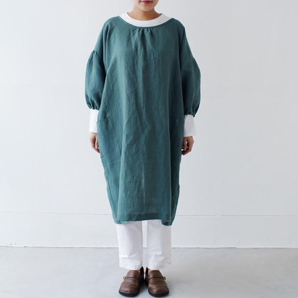 エプロンコート　apron coat / リネン　linen　フォレストグリーン 4枚目の画像