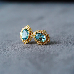 「ペルシャの目」K18イエローゴールド　天然アクアマリン　天然ダイヤモンド　ピアス　和名藍玉もしくは水宝玉 3月誕生石 2枚目の画像
