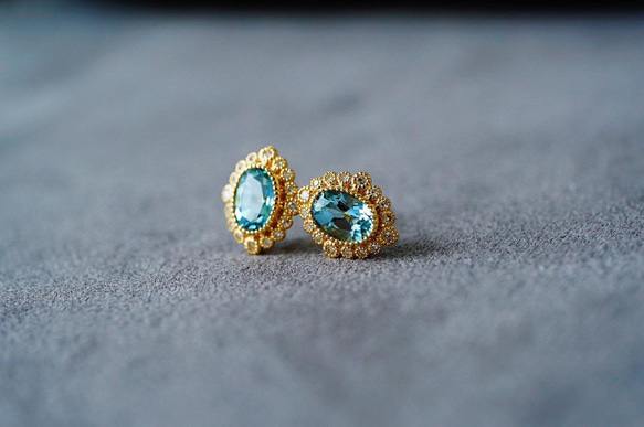 「ペルシャの目」K18イエローゴールド　天然アクアマリン　天然ダイヤモンド　ピアス　和名藍玉もしくは水宝玉 3月誕生石 2枚目の画像
