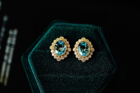 「ペルシャの目」K18イエローゴールド　天然アクアマリン　天然ダイヤモンド　ピアス　和名藍玉もしくは水宝玉 3月誕生石 4枚目の画像