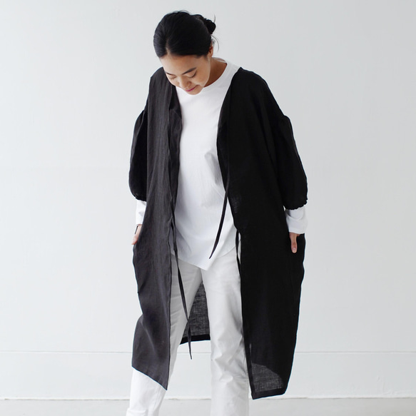 エプロンコート　apron coat / リネン　linen　ブラック 6枚目の画像